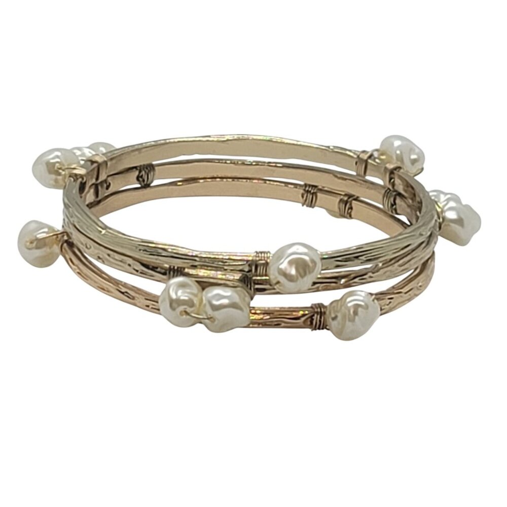 Avon Gold-Tone Bangles Baroque Faux Pearls Set Of 3 Textured Finish Bracelets